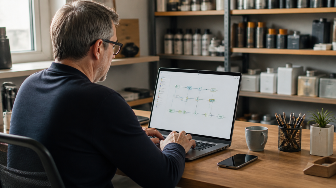 Inhaber eines kleinen Betriebs plant am Laptop Agenten-Automatisierung