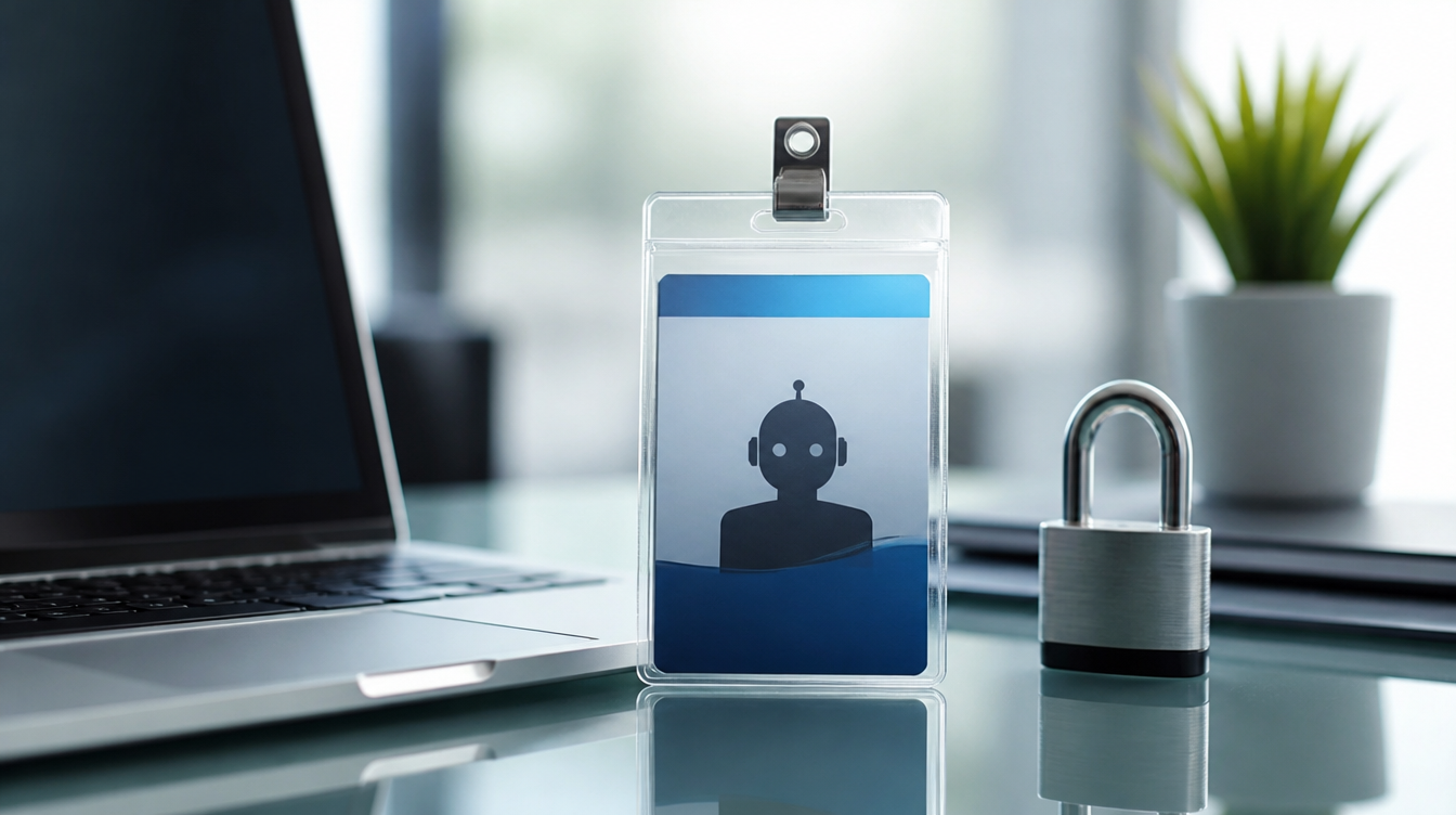 Agenten-Ausweis mit Robotersilhouette neben Laptop und Schloss