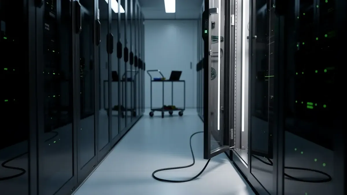 Netzsperren und der Rückzug eines DNS-Dienstes: Dunkler Gang mit Serverschränken, eine Schranktür steht offen, ein Kabel hängt lose herunter