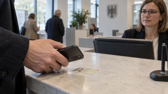 Personalausweis auf dem Smartphone in einem Bürgeramt