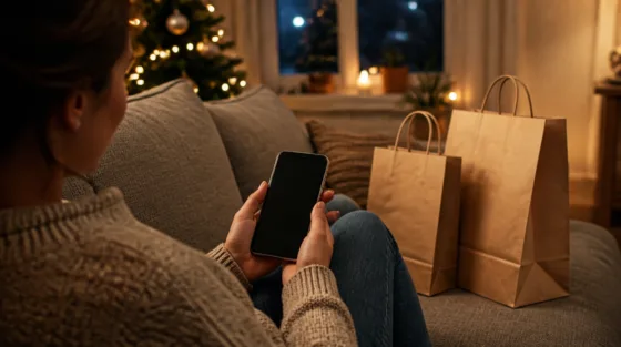 Shopify-Umfrage zum KI-Shopping: Person mit Smartphone und Einkaufstüten auf dem Sofa
