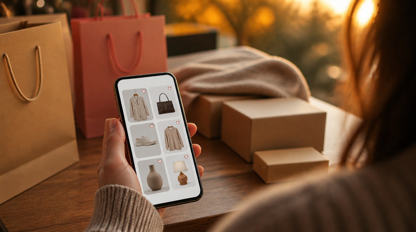 Black-Friday-Pläne: Smartphone mit Merkliste voller Produkte, daneben Einkaufstüten und Pakete