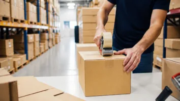 Gestapelte Pakete im Lager, Symbol für den FBA-Versand und den Zuschlag von Amazon