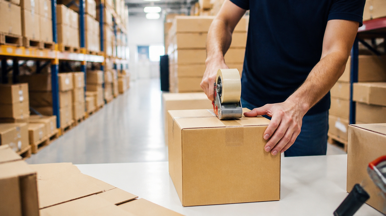 Gestapelte Pakete im Lager, Symbol für den FBA-Versand und den Zuschlag von Amazon