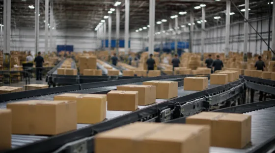 Amazon und der deutsche Onlinehandel: unbeschriftete Pakete auf Förderbändern in einem Sortierzentrum