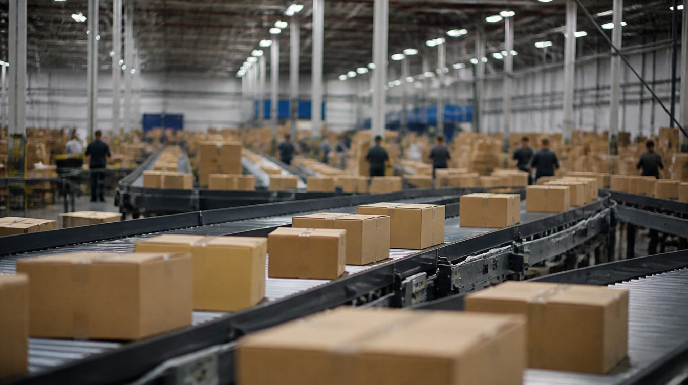 Amazon und der deutsche Onlinehandel: unbeschriftete Pakete auf Förderbändern in einem Sortierzentrum