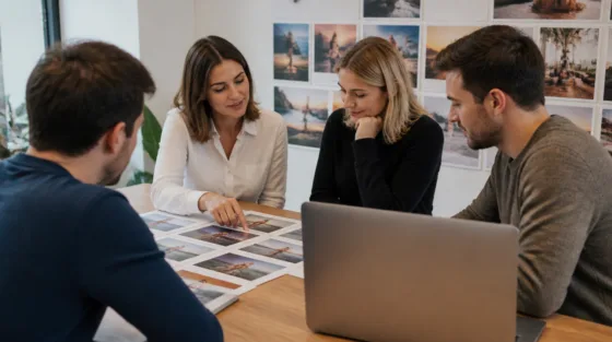 ChatGPT-Bild-Ads im Test: Marketing-Team am Besprechungstisch mit ausgedruckten Bildmotiven