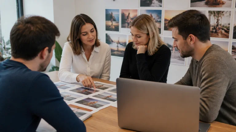ChatGPT-Bild-Ads im Test: Marketing-Team am Besprechungstisch mit ausgedruckten Bildmotiven