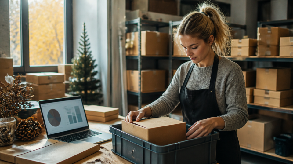 Amazon: Onlinehändler packt Pakete und prüft am Laptop die Peak-Versandgebühr im Weihnachtsgeschäft