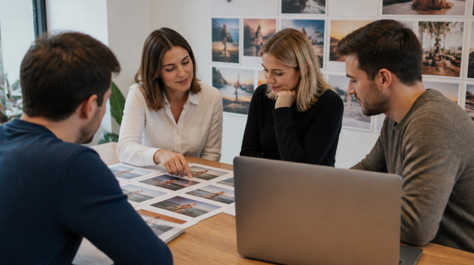 ChatGPT-Bild-Ads im Test: Marketing-Team am Besprechungstisch mit ausgedruckten Bildmotiven