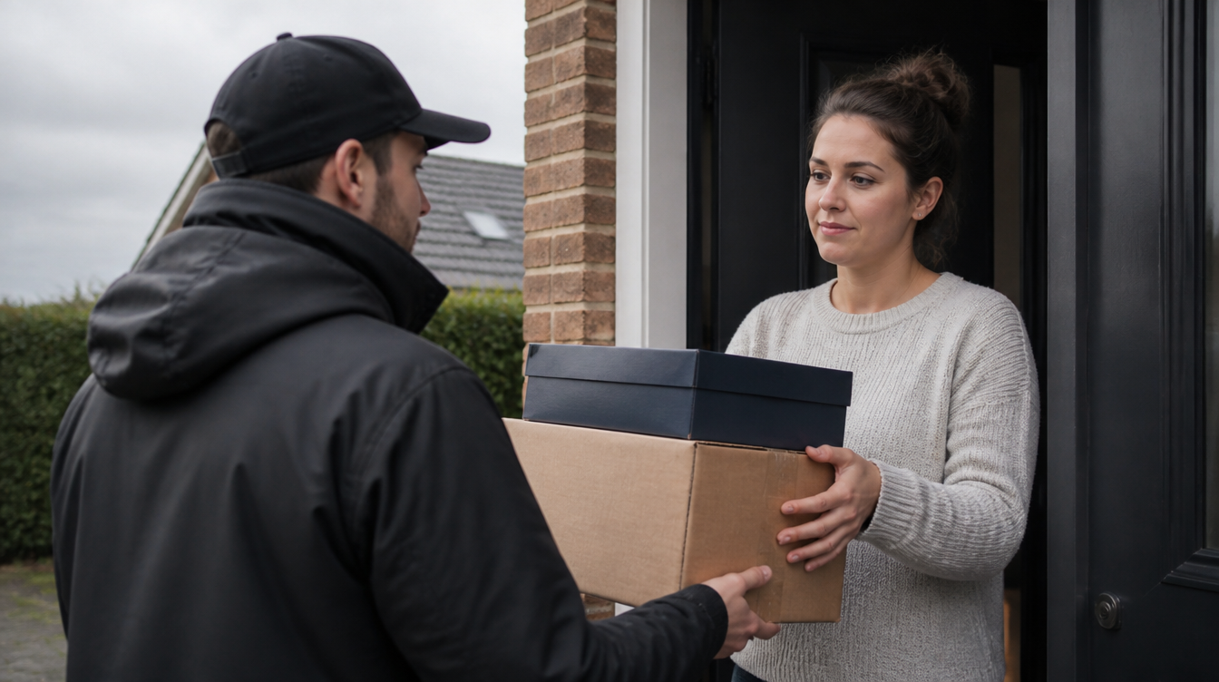 Retouren im Onlinehandel: Kunde gibt ein Paket an der Haustür an den Paketboten zurück