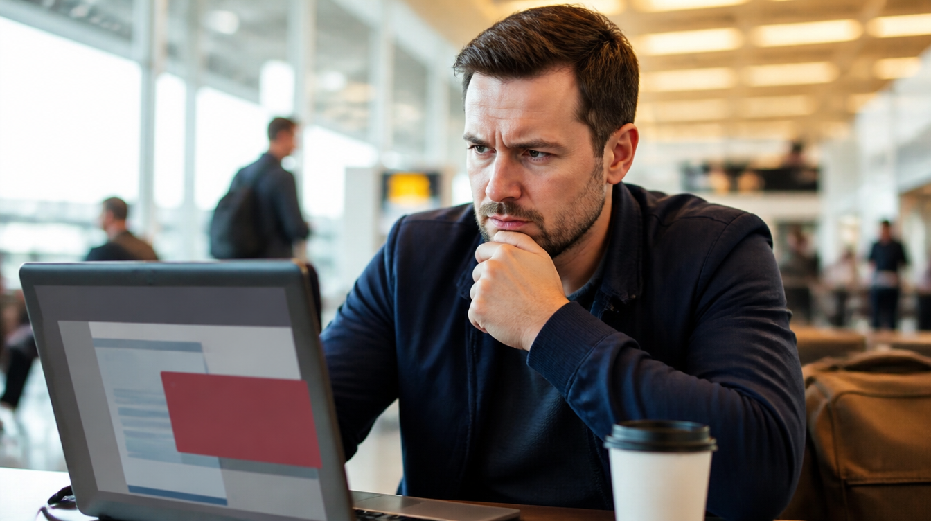 Booking.com Phishing: Reisender prüft skeptisch eine Buchungsnachricht am Laptop