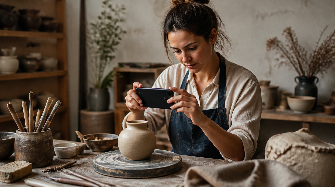 Etsy KI-Regeln: Händlerin fotografiert handgemachte Keramik am Arbeitstisch