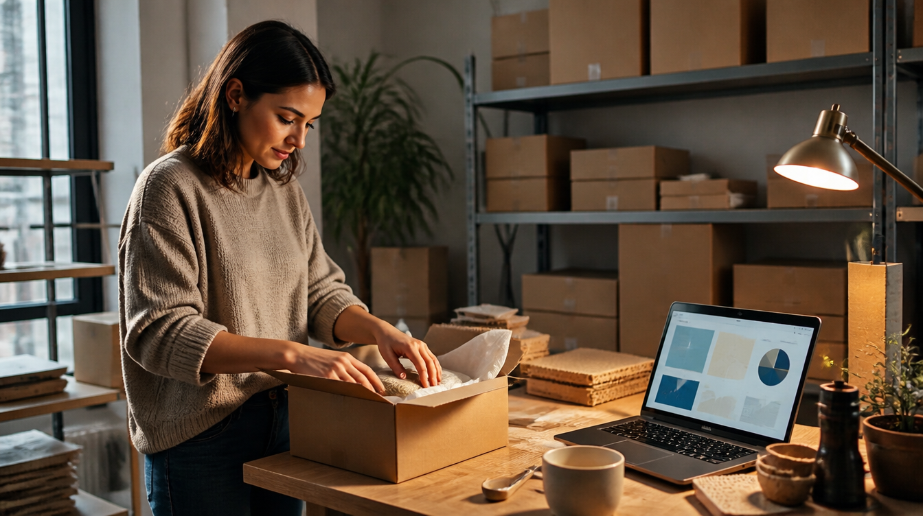 Temu: Verkäufer verpackt Waren am Arbeitstisch, Dashboard auf dem Laptop