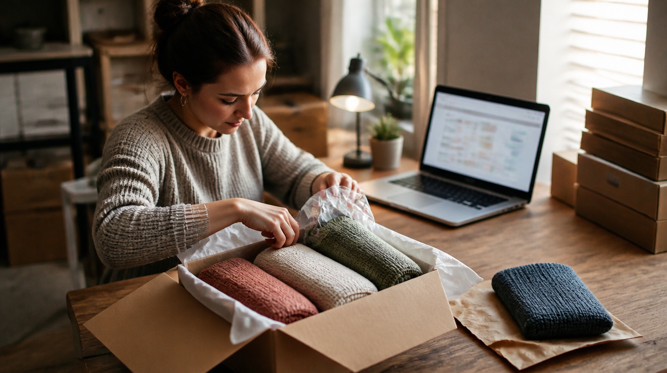 eBay: Temu: Verkäufer verpackt Waren am Arbeitstisch, Dashboard auf dem Laptop