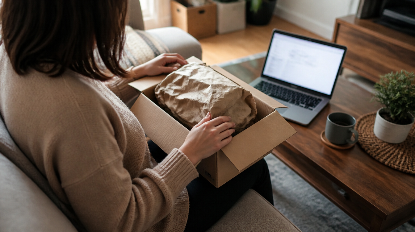 Bestellen bei Amazon und anderen Shops: Person packt auf dem Sofa ein unbeschriftetes Paket aus