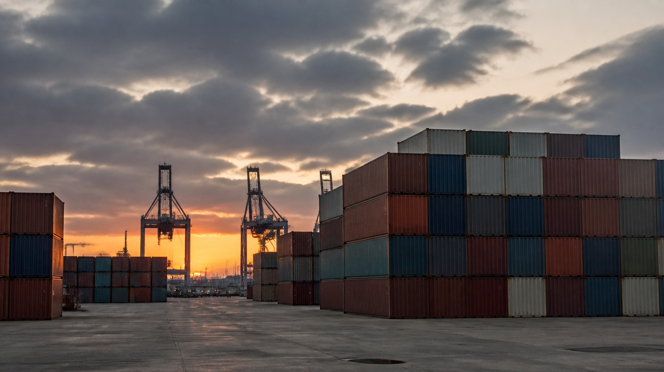 Digitalabgabe: Containerhafen in der Abenddämmerung als Sinnbild für Handels- und Zollrisiken
