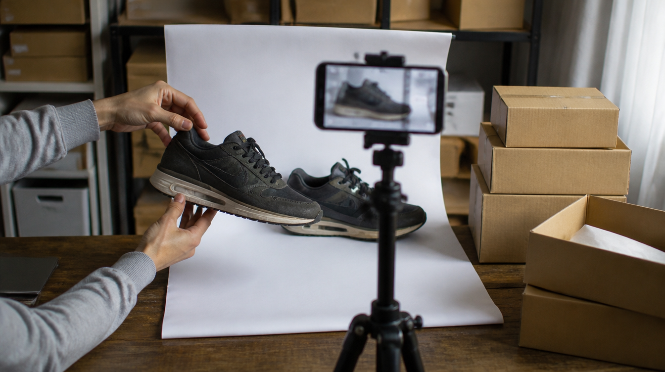 eBay: Gebrauchte Sneaker werden zu Hause für den Online-Verkauf fotografiert, daneben Versandkartons
