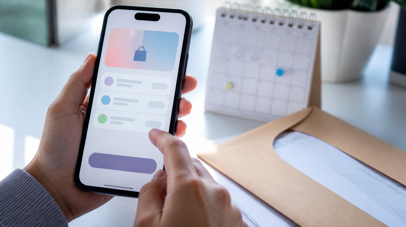Smartphone mit Checkout für Rechnungskauf und späteres Bezahlen neben Rechnungsumschlag und Kalender
