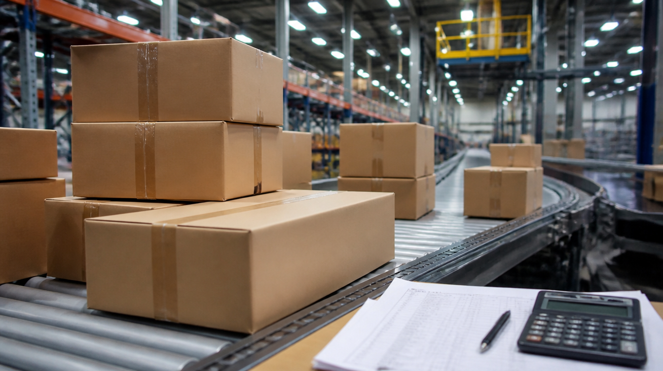 Amazon: Pakete im Logistikzentrum und Kostenblatt als Sinnbild für die Versandgebühr pro Artikel