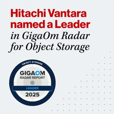 Eine Grafik hebt Hitachi Vantara als führend im GigaOm Radar für Objektspeicher hervor, mit einem kreisförmigen "GigaOm Radar Report Leader 2025"-Badge neben dem Text.