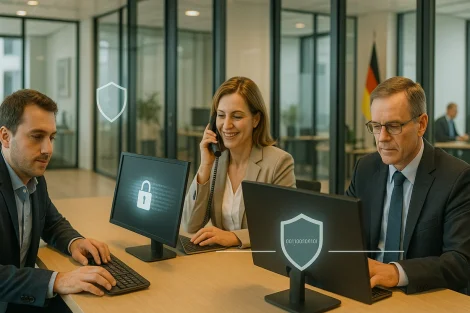 Cyberangriffe - Drei Personen in Geschäftskleidung arbeiten an Computern in einem modernen Büro und konzentrieren sich auf die Sicherheit von Unternehmen. Zwei Monitore zeigen Sicherheitssymbole, die auf Cyberangriffe Deutschland hinweisen. Eine Frau telefoniert, während zwei Männer tippen, mit Glaswänden und einer Flagge im Hintergrund.