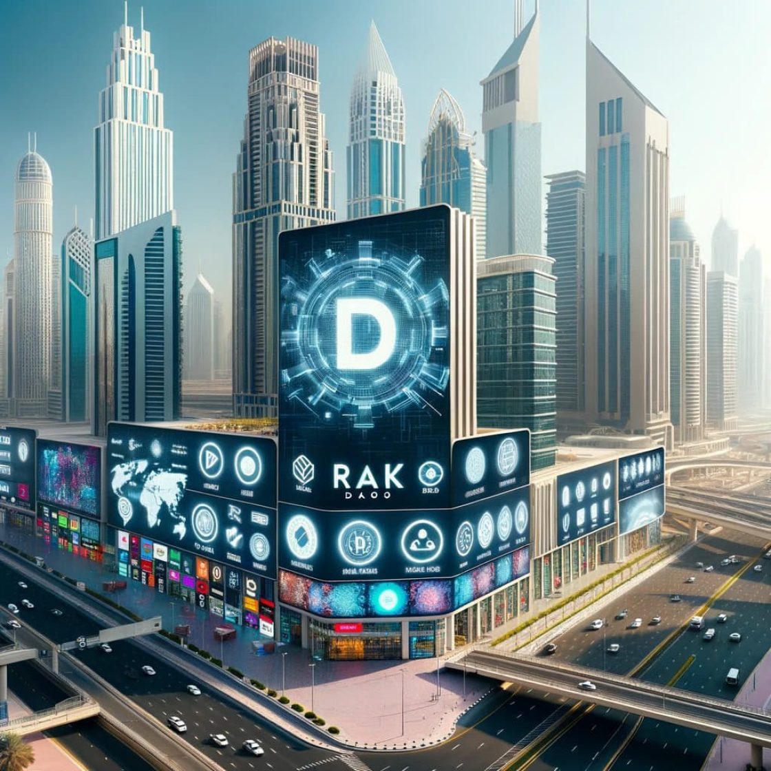 Dubai-business-district-with-digital-billboard-displaying-RAK-DAO