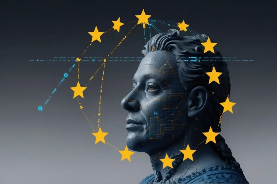 Eine digitale Skulptur eines menschlichen Kopfes mit schaltkreisähnlichen Mustern wird von zwölf gelben Sternen in einem Kreis überlagert, die den EU AI Act symbolisieren und an die Flagge der Europäischen Union erinnern, vor einem Hintergrund mit dunklem Farbverlauf.