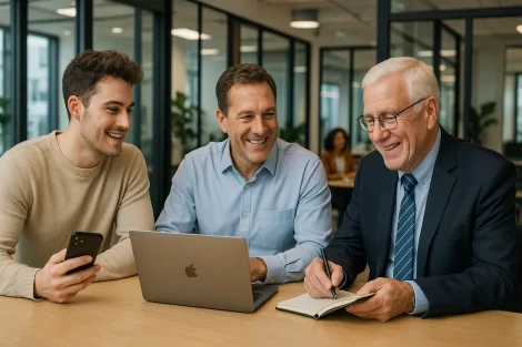 Generationskonflikt - Drei Männer aus verschiedenen Generationen sitzen an einem Tisch in einem Büro. Der eine benutzt einen Laptop, der andere schreibt in ein Notizbuch, der dritte hält ein Telefon in der Hand und reflektiert damit Jung und Alt und die Art und Weise, wie Technologie Diskussionen am Arbeitsplatz prägt. Glaswände rahmen die moderne Umgebung ein.