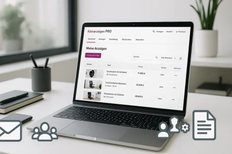 Ein Laptop auf einem Schreibtisch zeigt eine Kleinanzeigen PRO-Verwaltungsseite mit einer Liste von Artikeln, deren Preisen und Status. Im Vordergrund symbolisieren drei transparente Icons E-Mail, Benutzer und Dokumente.