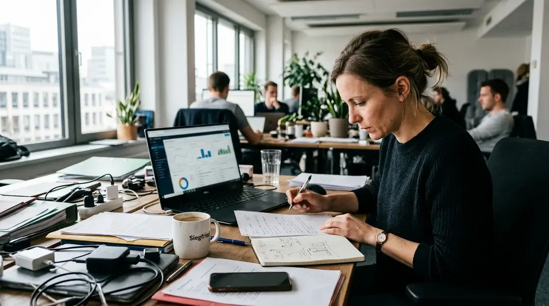 Agentforce, KI Automatisierung – Vertriebsmitarbeiter am Schreibtisch mit CRM-Dashboard – Agentforce KI Automatisierung im Einsatz