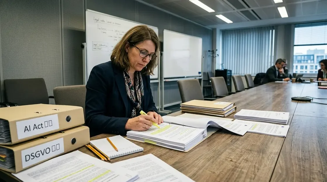 AI Act, Datenschutz – Compliance-Beauftragte prüft AI Act Governance-Dokumente in einem Behördenkonferenzraum