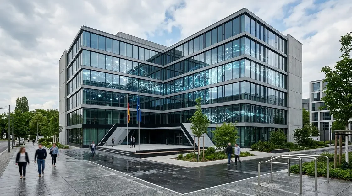 AI Act, Hochrisiko-KI Compliance – Bundesnetzagentur als AI Act Regulierungsbehörde – Gebäude mit KI-Netzwerk-Visualisierung