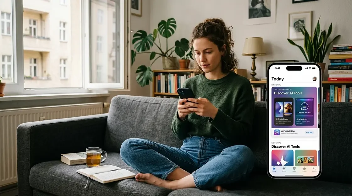 App Store, Generative AI – Frau entdeckt Generative-AI-Apps im Apple App Store auf dem iPhone