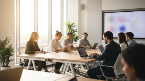 Arbeitsmarkt 2026: Fachkräfte bei einer Weiterbildung in einem modernen Schulungsraum