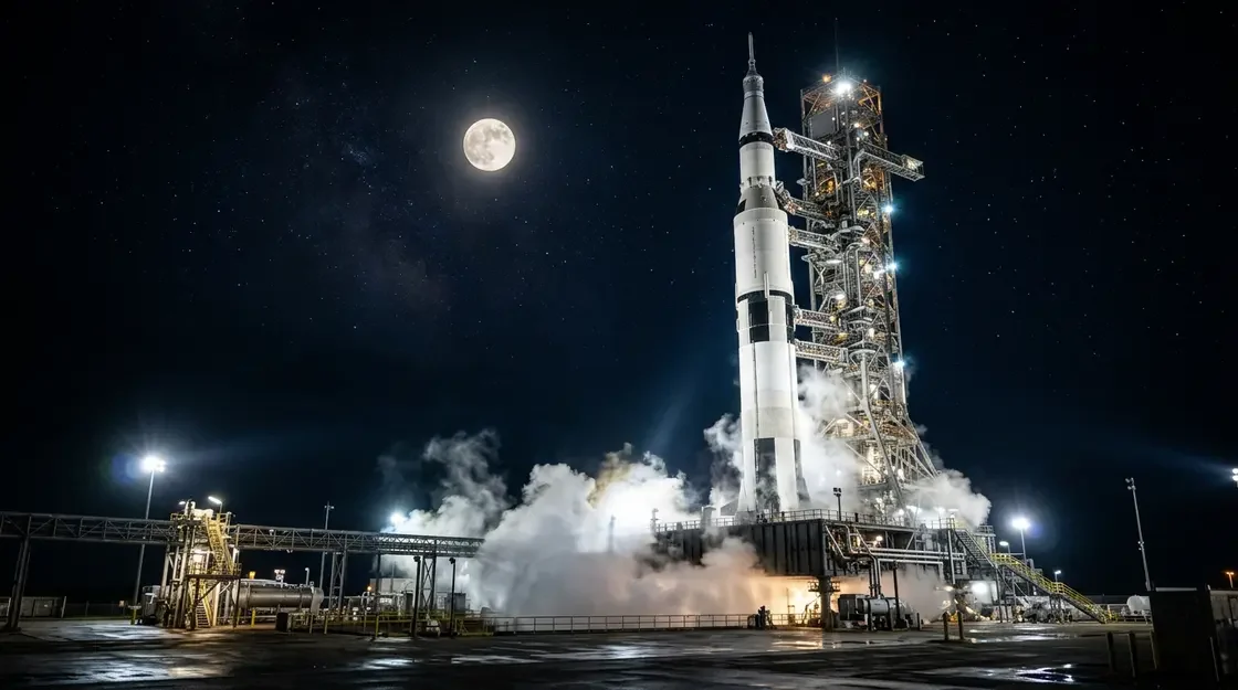 Artemis II Mondmission Rakete auf Startrampe bei Nacht