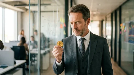 Geschäftsmann hält Bitcoin-Münze – Unternehmensinvestitionen in Bitcoin wachsen