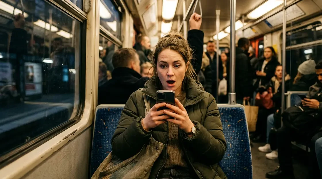 ChatGPT Werbung, KI-Apps Monetarisierung – Frau in der U-Bahn reagiert überrascht auf ChatGPT Werbung auf ihrem Smartphone