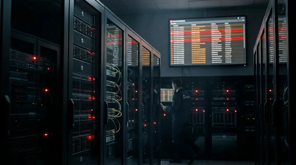 CISA, Known Exploited – CISA Known Exploited Vulnerabilities Katalog auf Monitor in dunklem Serverraum mit roten Warnleuchten