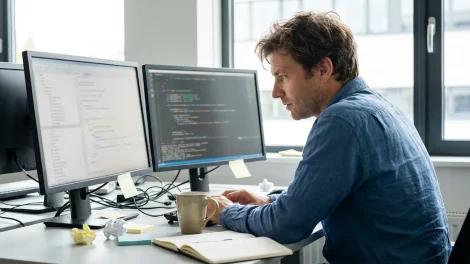 Claude Code Entwickelnde am Arbeitsplatz mit mehreren Monitoren