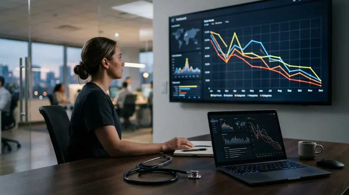 Corona-Zahlen 2026 auf einem Datendashboard mit sinkender Inzidenz-Kurve
