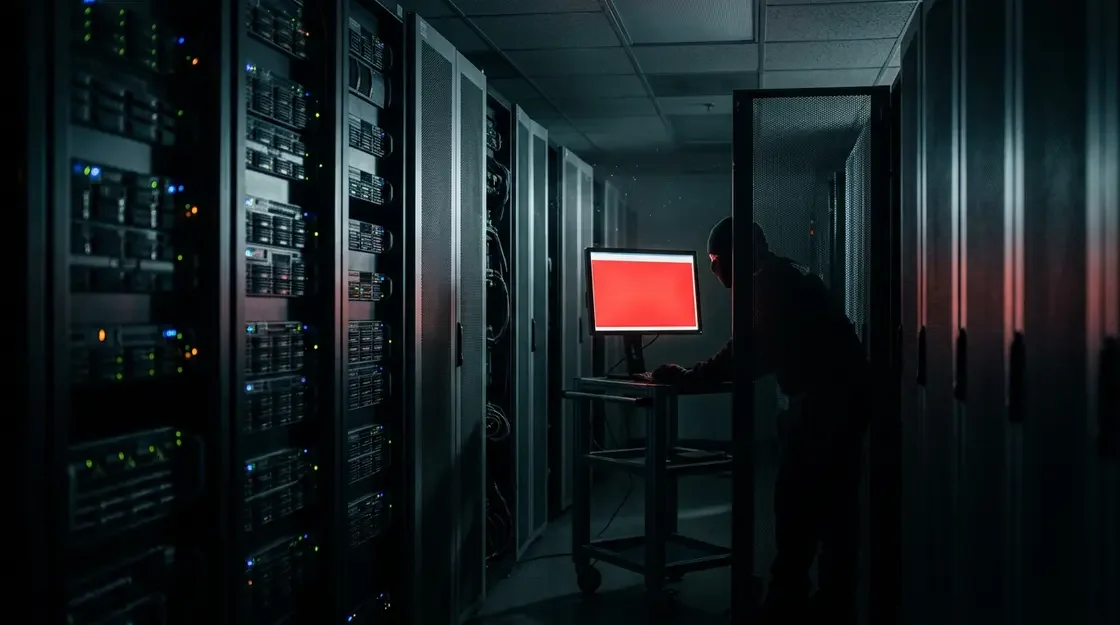 cPanel, Ransomware – Server-Rack mit roter Fehlerwarnung – Symbol für die cPanel-Sicherheitslücke und Ransomware-Angriffe