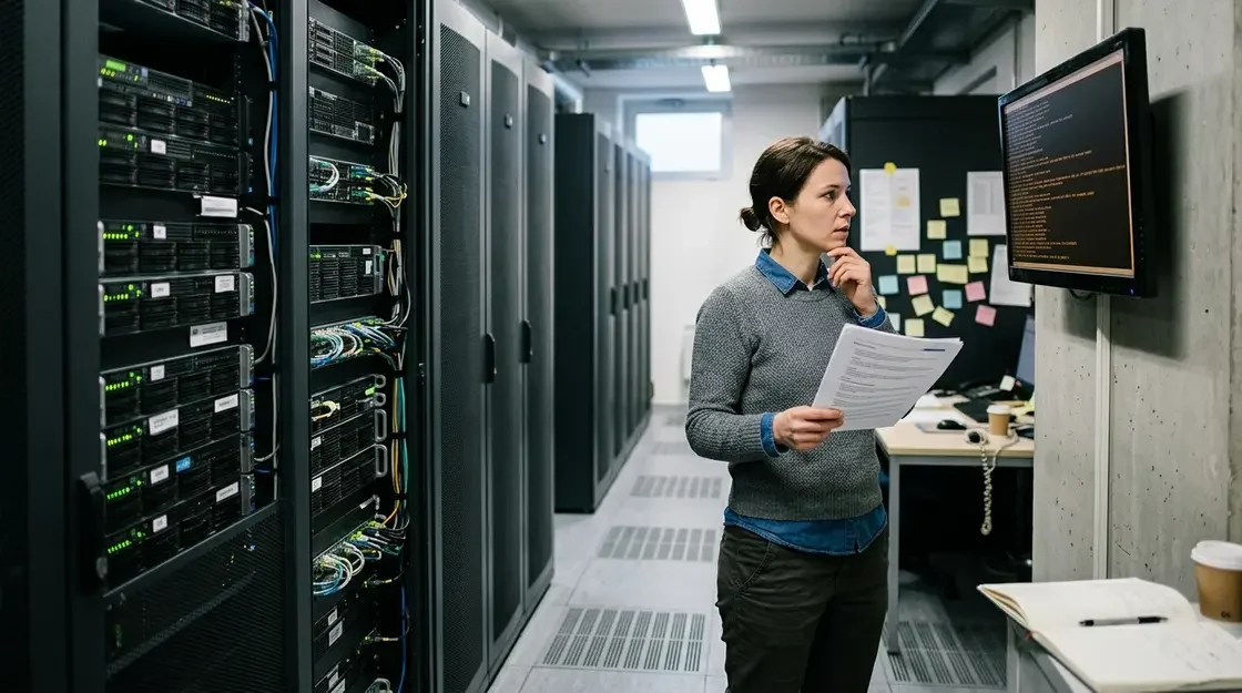 CSAM-Detection, Datenschutz-Konflikt – Sicherheitsanalystin prüft CSAM-Detection-Richtlinien im Serverraum