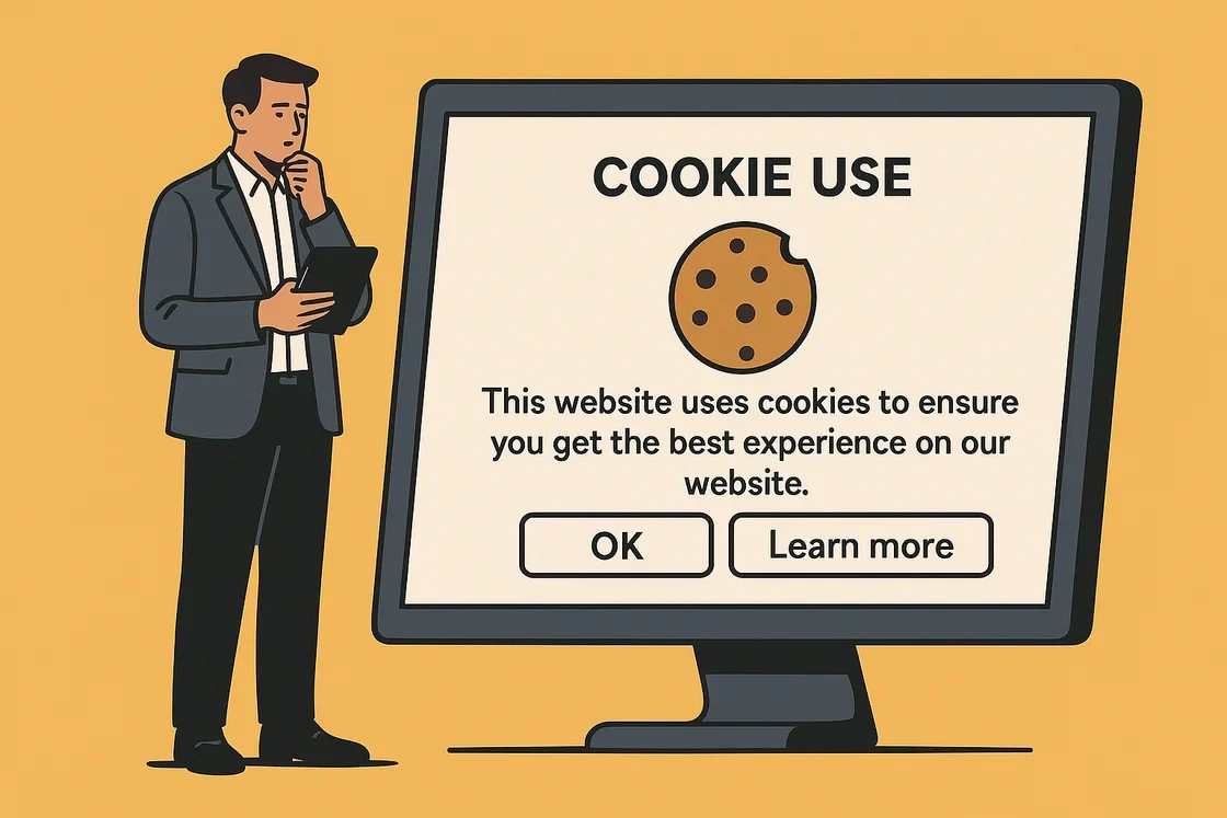 Ein Mann im Anzug, der ein Tablet in der Hand hält, steht neben einem großen Monitor, auf dem ein Cookie-Banner mit den Schaltflächen "OK" und "Erfahren Sie mehr" zu sehen ist, auf dem Verantwortung und Datenschutz hervorgehoben werden und über dem ein Cookie abgebildet ist.