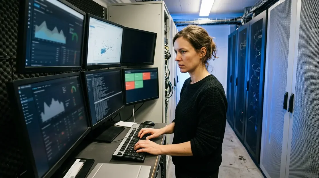 Agenten-Evaluierung, Anomalie-Detection – Software-Ingenieurin prüft Agenten-Evaluierung auf Monitoring-Terminal im Serverraum