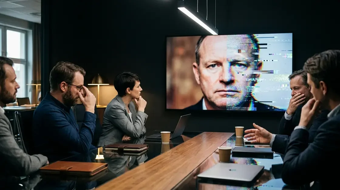 Deepfake Angriff im Unternehmenskontext – gespaltenes Gesicht auf Bildschirm symbolisiert KI-Manipulation