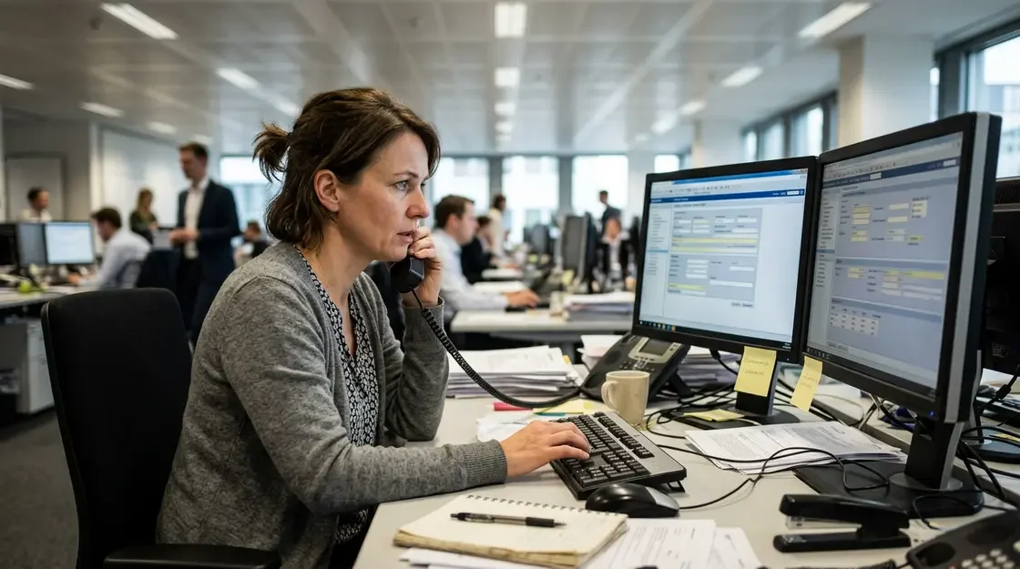 Deepfake, Business Email – Mitarbeiterin in Finanzabteilung am Telefon mit geöffnetem Überweisungsformular – Deepfake CEO-Fraud Szenario