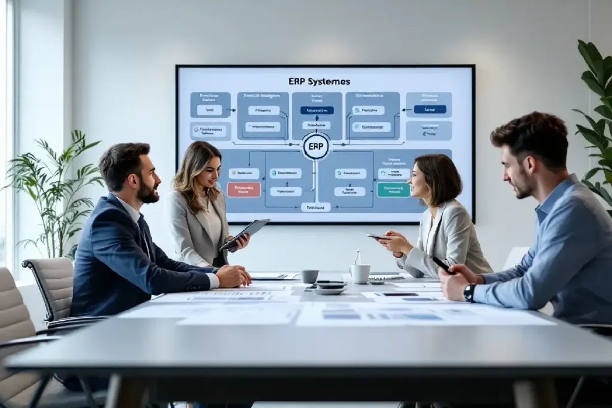 Definition ERP - Vier Personen halten in einem Konferenzraum eine Besprechung ab, in der sie über Enterprise Resource Planning diskutieren. Auf einem großen Bildschirm wird ein Flussdiagramm eines ERP-Systems angezeigt. Zwei Männer und zwei Frauen sitzen an einem Tisch und nutzen Dokumente und digitale Geräte. Pflanzen schmücken den Raum.