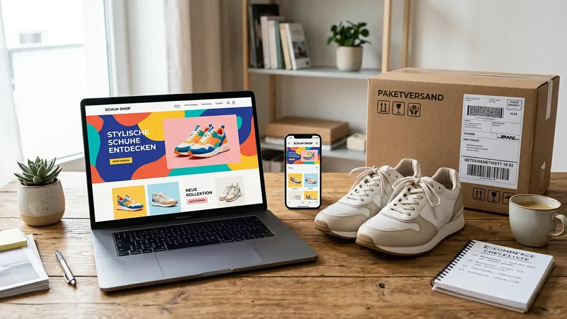 Deichmann Online-Shop Titelbild mit Schuhen, Paket und Online-Shopping-Szene (Symbolbild)