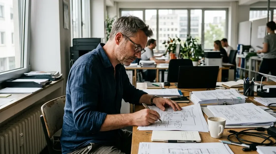 Digitale Prozess-Zwillinge, KI-Agenten Enterprise – Mitarbeiter analysiert Prozessdokumentation am Schreibtisch für digitale Prozess-Zwillinge